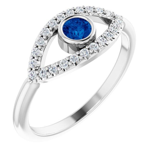 14k white chathamâ® created blue sapphire & white sapphire evil eye ring 