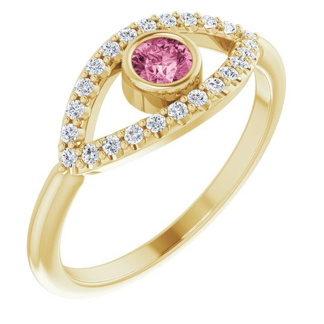 14k yellow pink tourmaline & white sapphire evil eye ring        