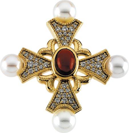 14k yellow mozambique garnet, akoya cultured pearl, & 1/2 ctw diamond cross pendant 