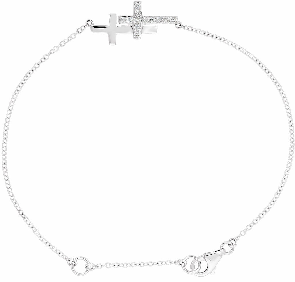 sterling silver cubic zirconia double sideways cross 8" bracelet