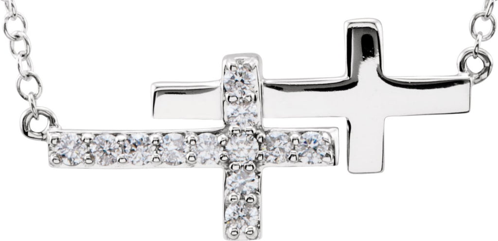 14k white 1/5 ctw diamond double sideways cross 18" necklace