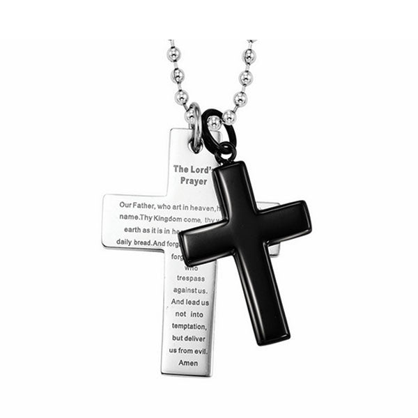 the lord's prayer double cross pendant in black & white stainless steel