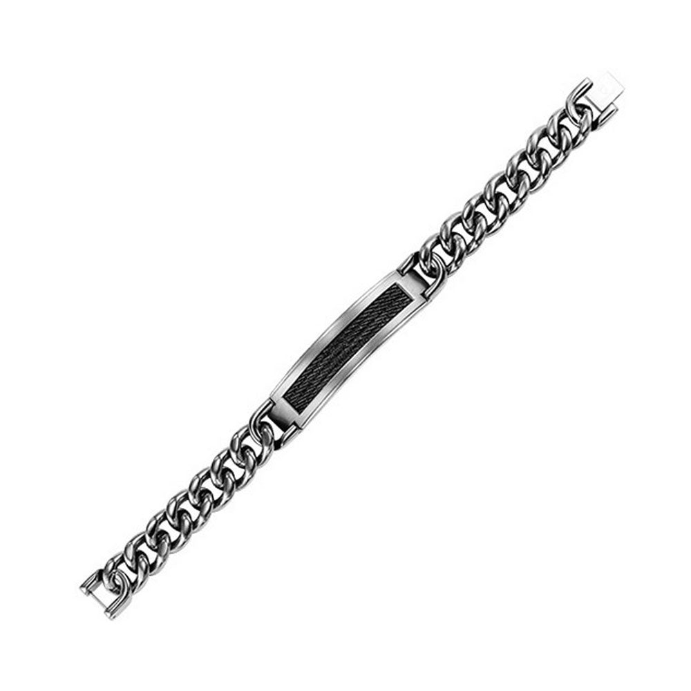 men's id tag curb link bracelet in black & white stainless steel