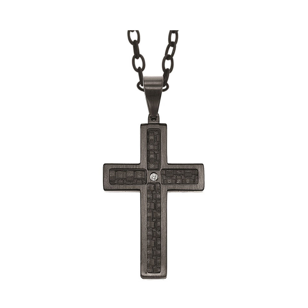 men's diamond solitaire cross pendant in midnight leather & stainless steel