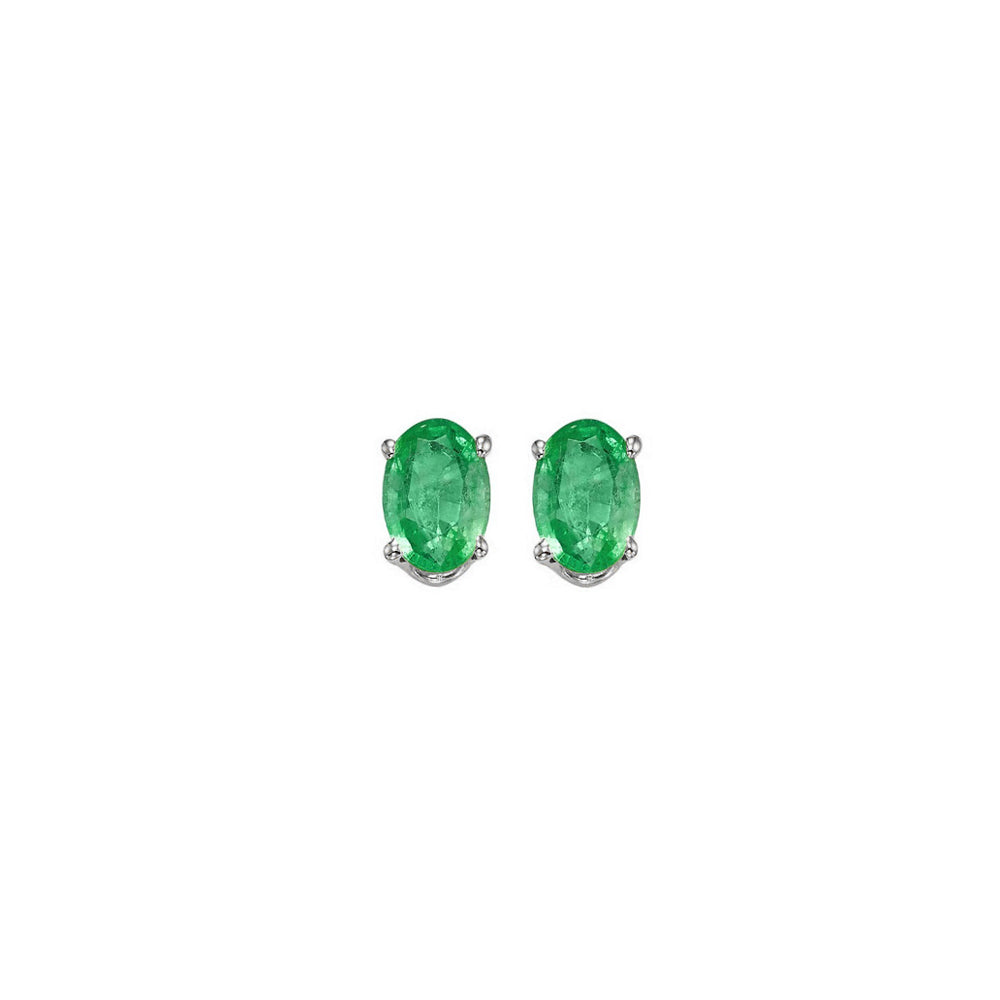 oval prong set emerald studs in 14k white gold