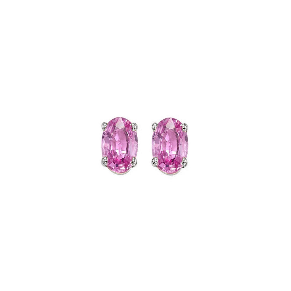 oval prong set pink sapphire studs in 14k white gold