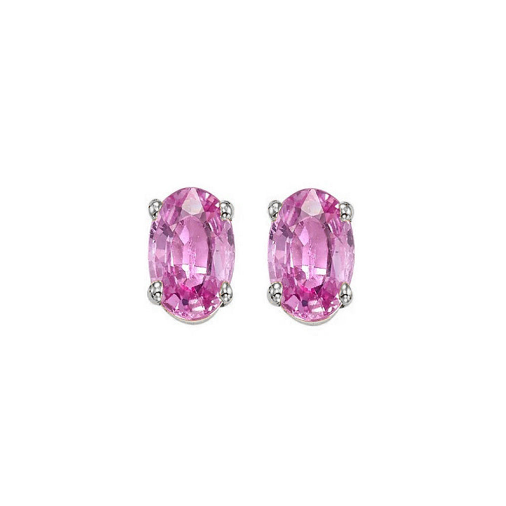 oval prong set pink sapphire studs in 14k white gold