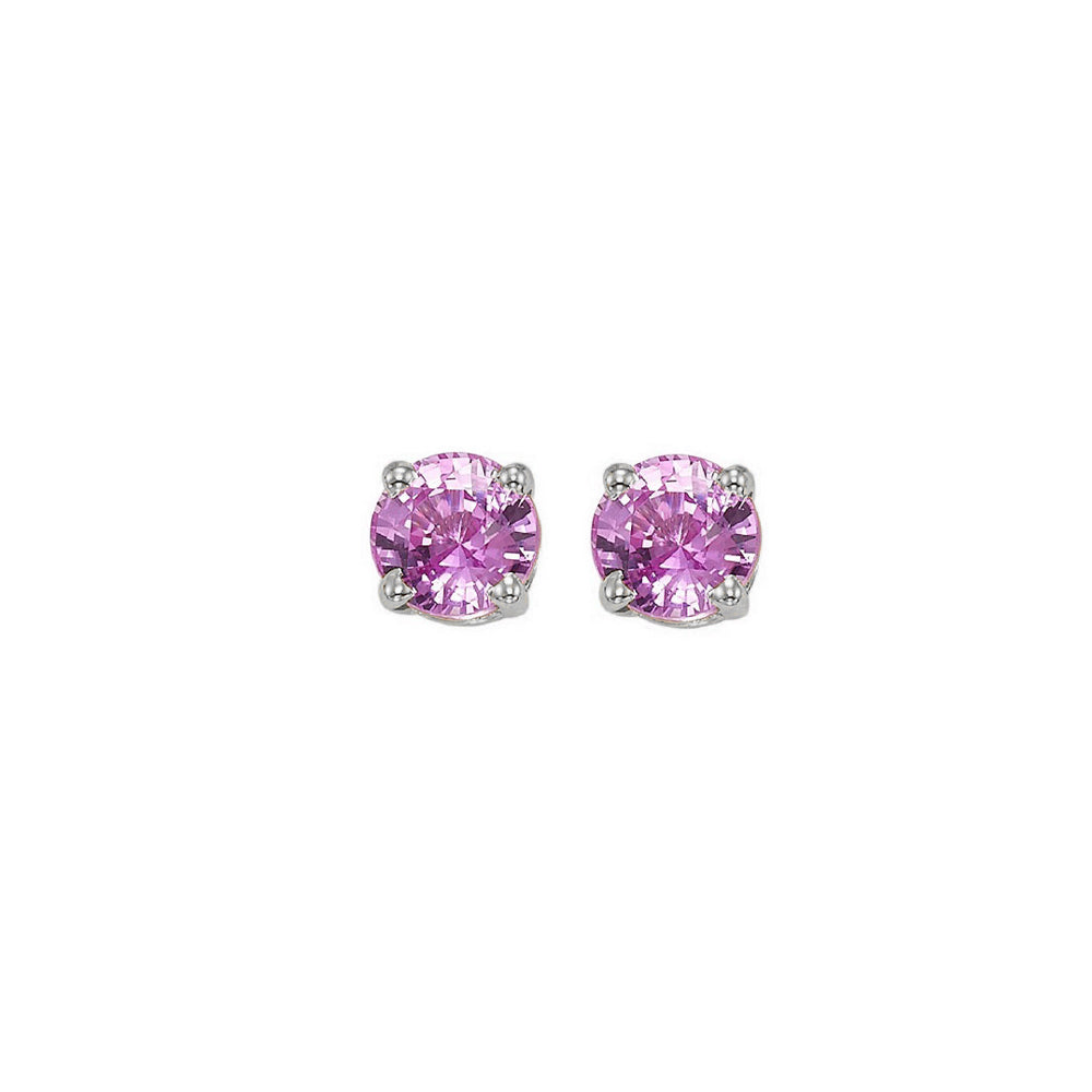 round prong set pink sapphire studs in 14k white gold