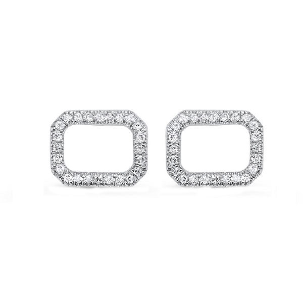 diamond geometric halo frame stud earrings in 14k white gold