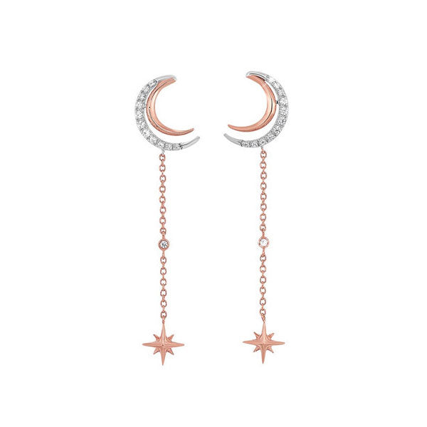 diamond luna moon 8-pointed star chain dangle earrings in 14k two tone gold (1/7 ctw)