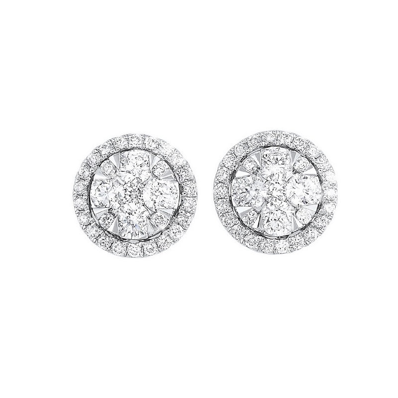 diamond round halo cluster stud earrings in 14k white gold (3/4 ctw)