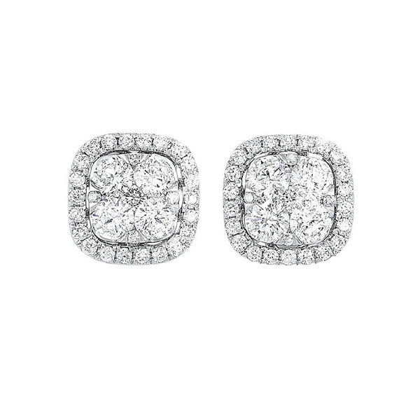 diamond cushion halo cluster stud earrings in 14k white gold (3/4 ctw)