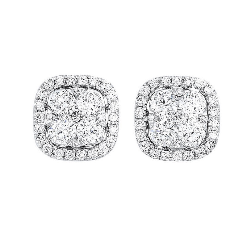 diamond cushion halo cluster stud earrings in 14k white gold (1 ctw)