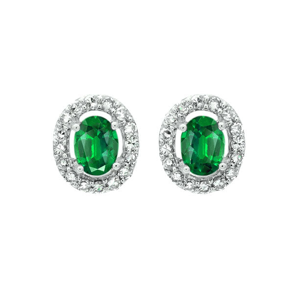 diamond halo and emerald prong set earrings in 10k white gold (1/100 ct. tw.)