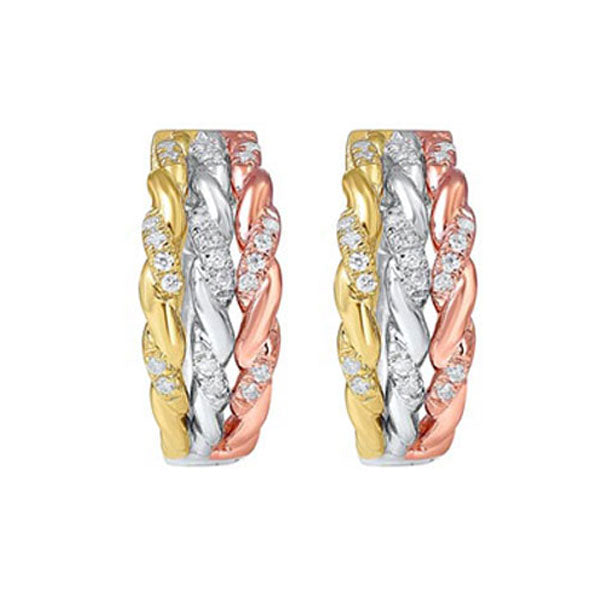 diamond triple rope hoop earrings in tri-color gold (1/7 ctw)