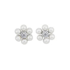 floral pearl halo diamond earrings in 10k white gold (1/25 ct. tw.)