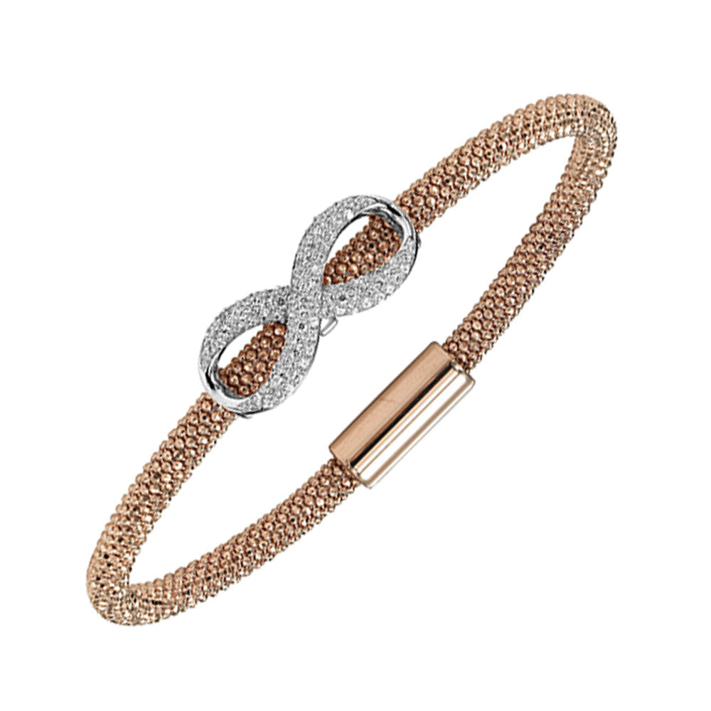 infinity symbol mesh oval cz bracelet in two tone silver