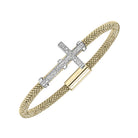 sideways cross oval mesh cz bracelet in two tone silver