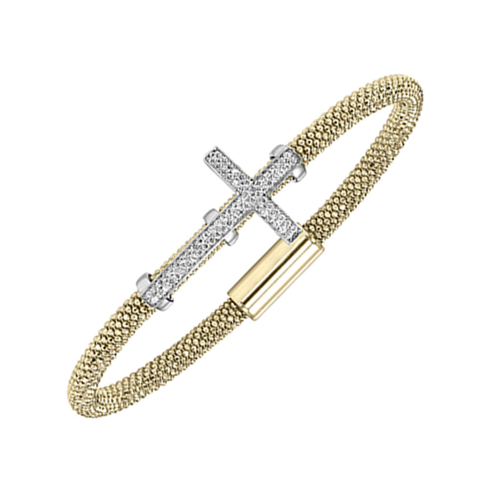 sideways cross oval mesh cz bracelet in two tone silver