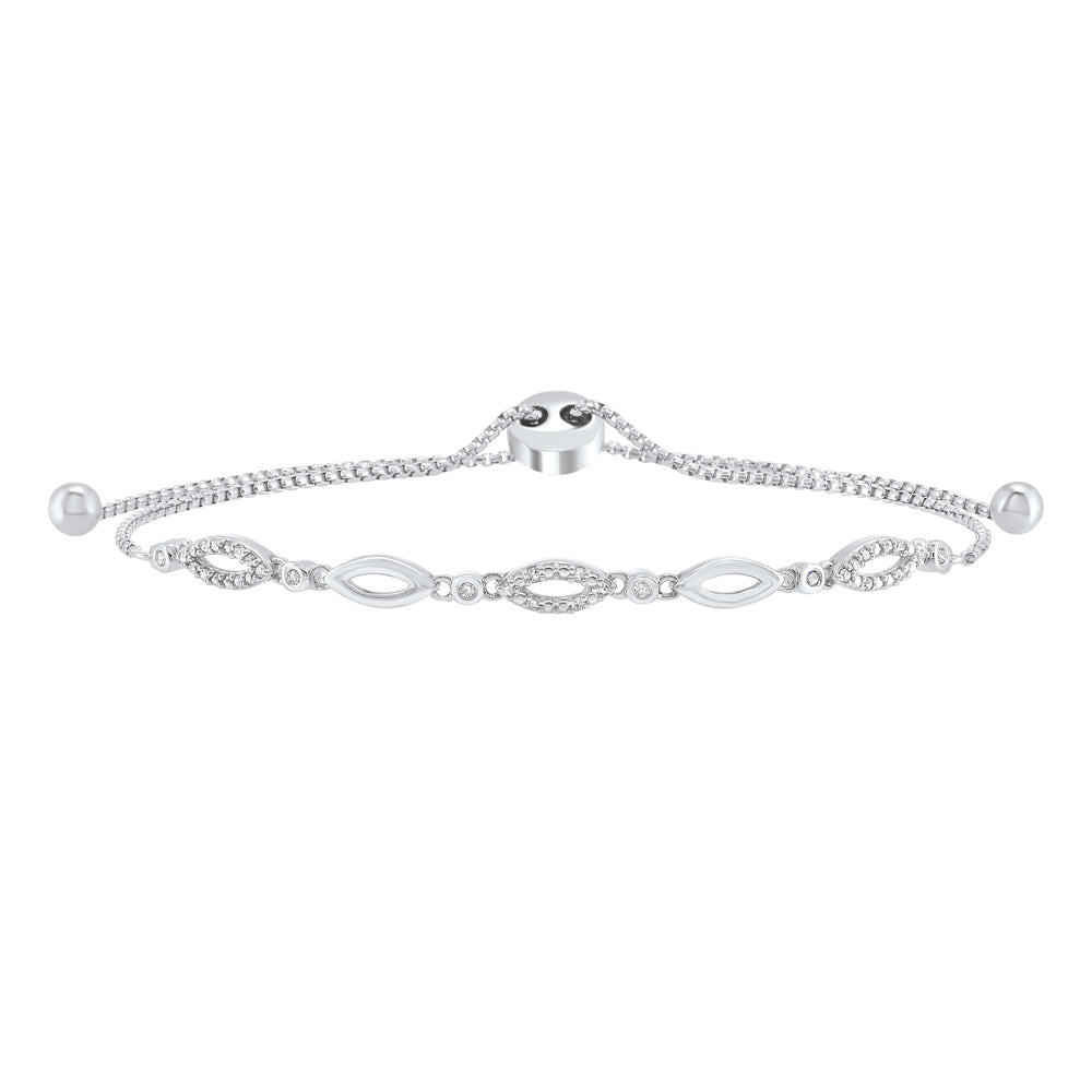 diamond marquise pattern slender bolo bracelet in sterling silver - adjustable (1/8 ctw)