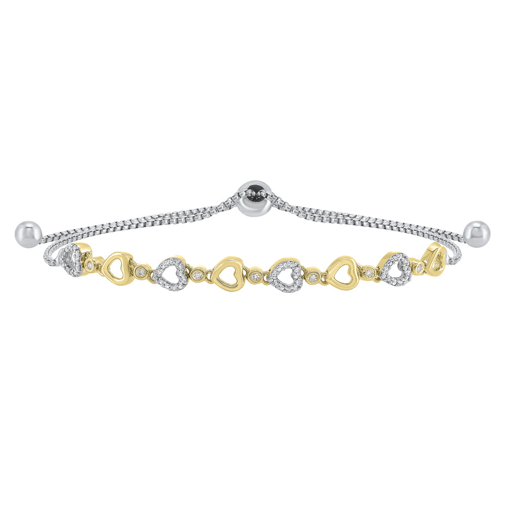 diamond encrusted heart pattern bolo bracelet in sterling silver- adjustable (1/8ctw)