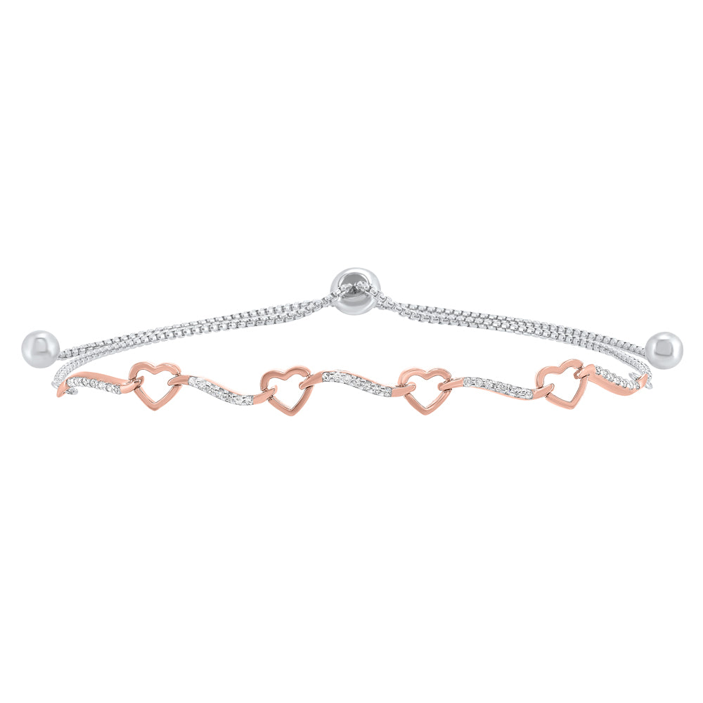diamond open heart ribbon bolo bracelet in sterling silver - adjustable (1/8 ctw)
