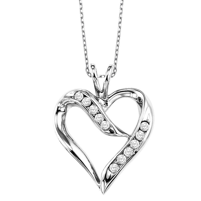 diamond open ribbon heart pendant in sterling silver