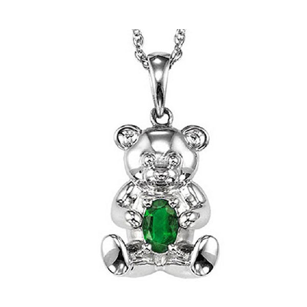 teddy bear emerald birthstone pendant in sterling silver