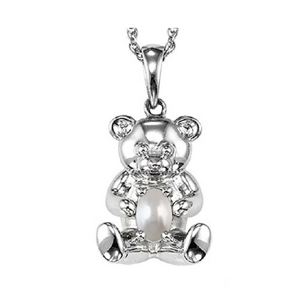 teddy bear pearl birthstone pendant in sterling silver