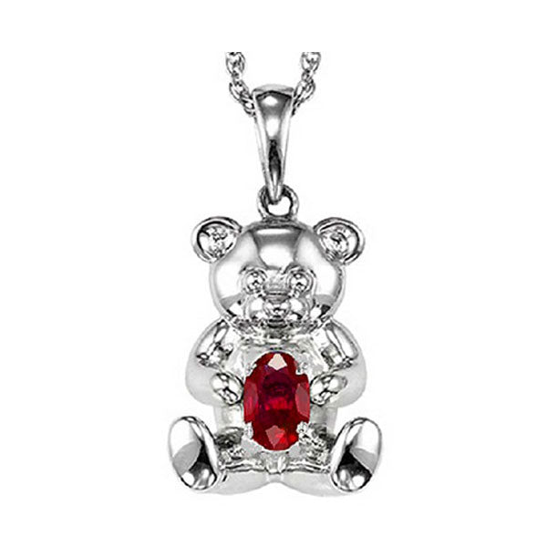 teddy bear ruby birthstone pendant in sterling silver