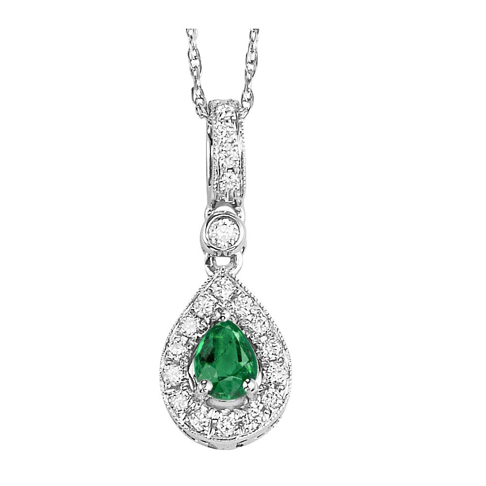 teardrop emerald & diamond halo pendant in 14k white gold (1/10 ct. tw.)