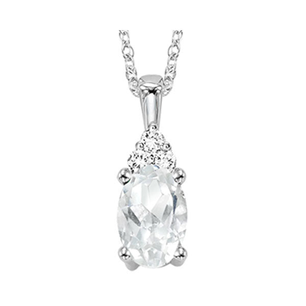 oval white topaz & diamond halo pendant in 10k white gold (1/30 ct. tw.)