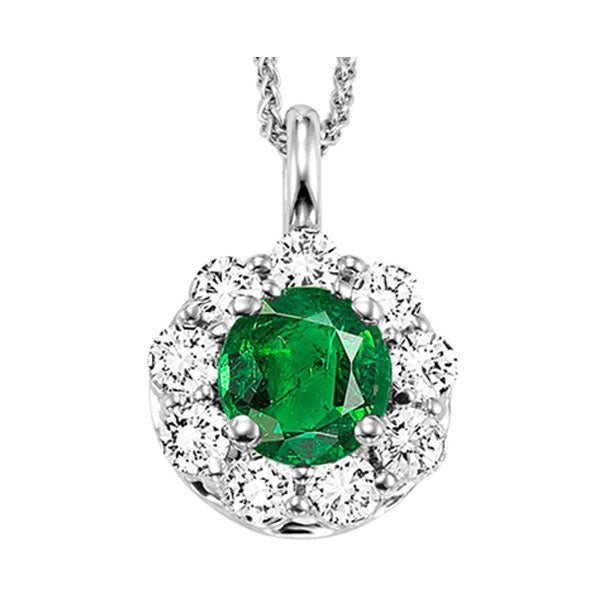 round emerald & diamond halo pendant in 14k white gold (1/2 ct. tw.)