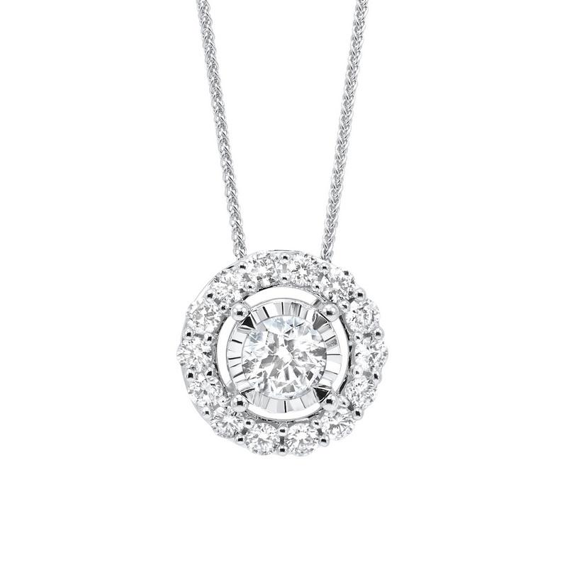 diamond halo solitaire starburst pendant necklace in 14k white gold (1ctw)