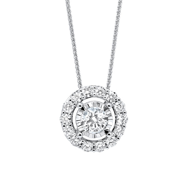 diamond halo solitaire starburst pendant necklace in 14k white gold (3/4ctw)