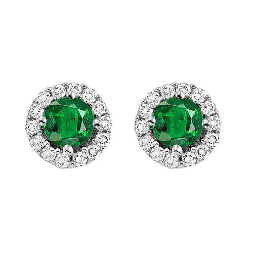 round emerald & diamond halo stud earrings in 14k white gold (1/7 ct. tw.)