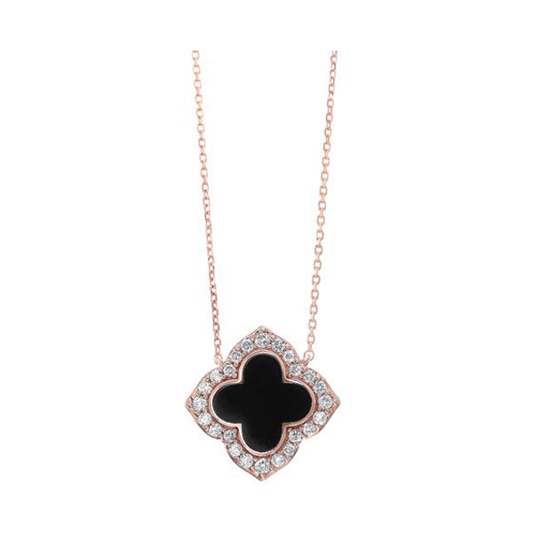 diamond clover onyx & diamond pendant necklace in 14k yellow gold (1/4ctw)