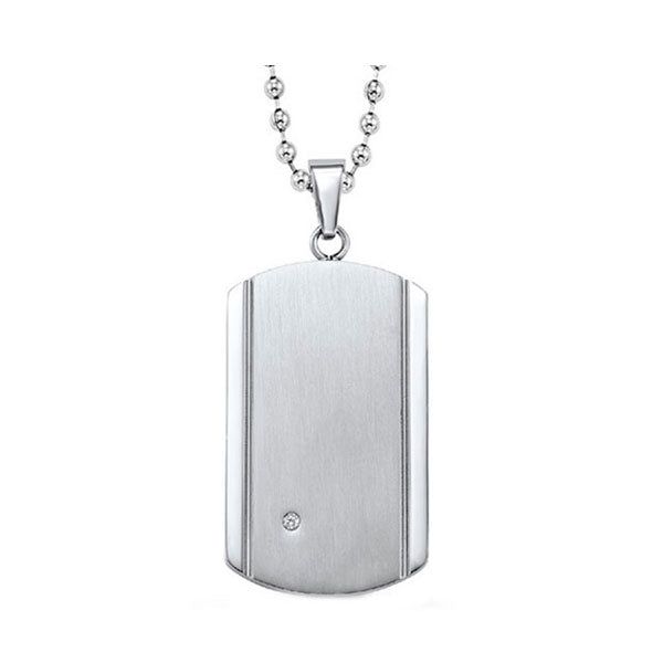 men's diamond dog tag pendant necklace in brushed & bright polished stainless steel - engravable