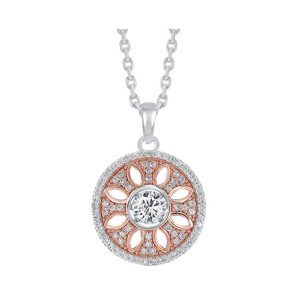 crystal rose halo pendant in two-tone sterling silver