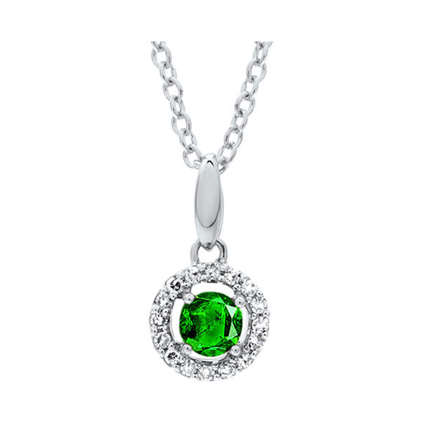 emerald & diamond halo pendant necklace in 10k white gold (1/25 ct. tw.)