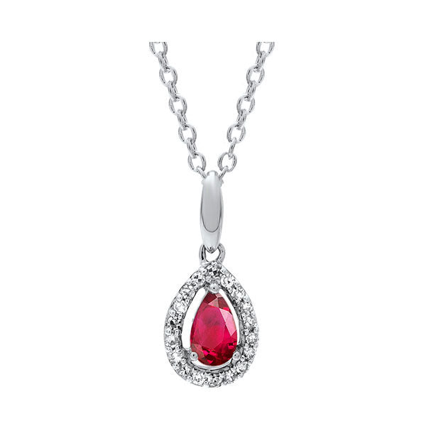 ruby & diamond teardrop halo pendant necklace in 10k white gold (1/25 ct. tw.)