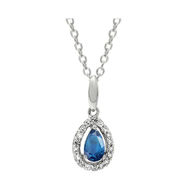 sapphire & diamond teardrop halo pendant necklace in 10k white gold (1/25 ct. tw.)