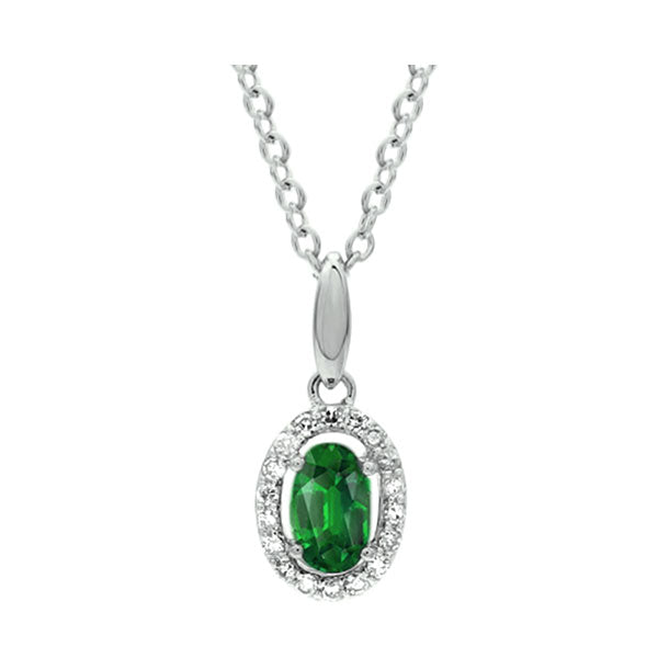 emerald & diamond oval halo pendant necklace in 10k white gold (1/25 ct. tw.)