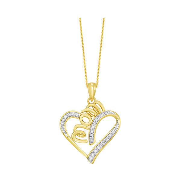 diamond mom swirling ribbon heart halo pendant in 10k yellow gold & sterling silver