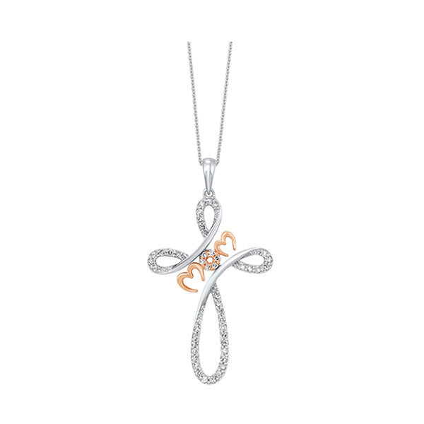 diamond faith in love mom cross pendant in 10k rose gold & sterling silver