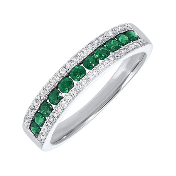 14k white gold 3 row multi channel diamond & emerald band (1/8 ct. tw.)