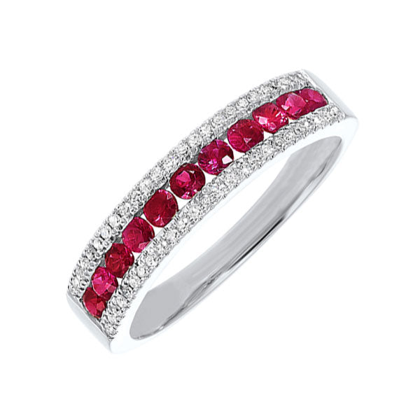 14k white gold 3 row multi channel diamond & ruby band (1/8 ct. tw.)