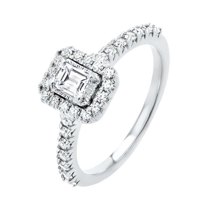 emerald cut starburst halo diamond engagement ring in 14k white gold (1ctw)