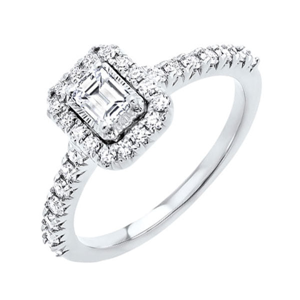 emerald cut starburst halo diamond engagement ring in 14k white gold (1ctw)