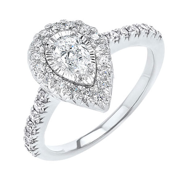 pear shape starburst halo diamond engagement ring in 14k white gold (1ctw)